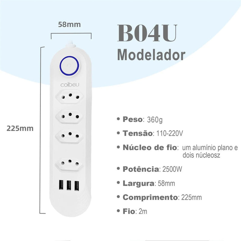 2M USB Socket Outlet, Line Filter, Plug, Extension Socket, Extensive Power Socket, Brazil Standard Retractable Socket Tower - Calango Ofertas