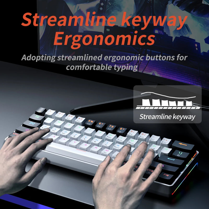 MUCAI MK61 USB Gaming Teclado mecânico vermelho Switch RGB retroiluminado Hot Swappable 61 teclas com fio cabo destacável