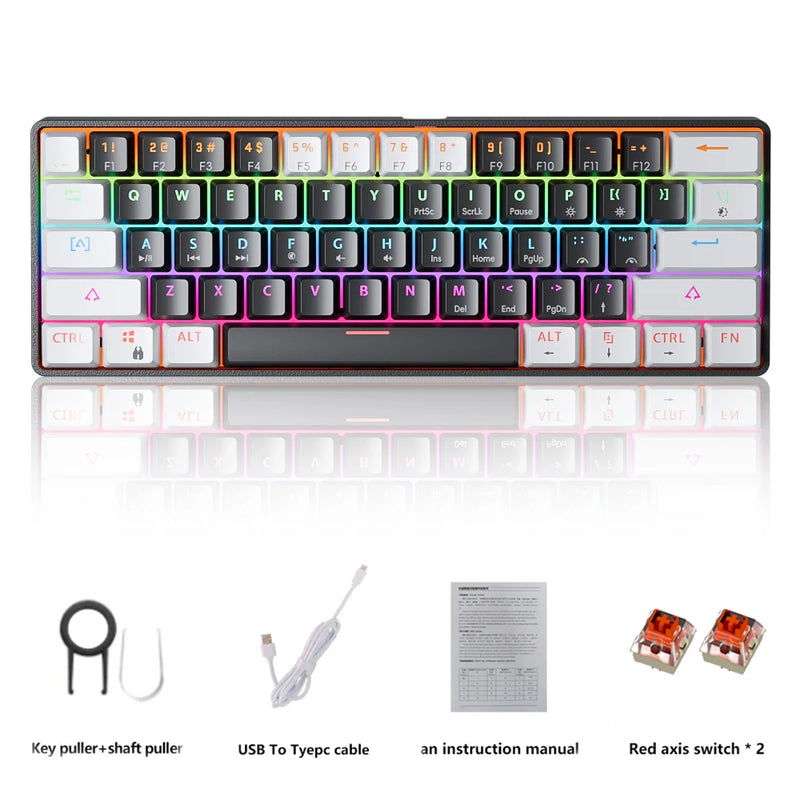 MUCAI MK61 USB Gaming Teclado mecânico vermelho Switch RGB retroiluminado Hot Swappable 61 teclas com fio cabo destacável