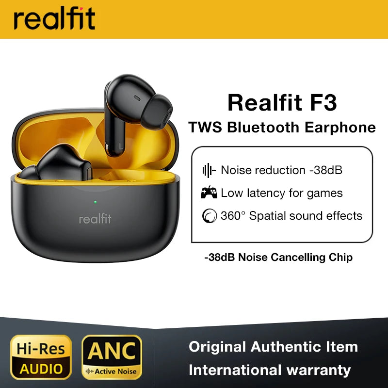 Realfit F3 ANC Cancelamento de Ruído Ativo Fones de Ouvido Bluetooth ENC Call HIFI Estéreo Superb Bass Fones de Ouvido Sem Fio Esporte Jogos