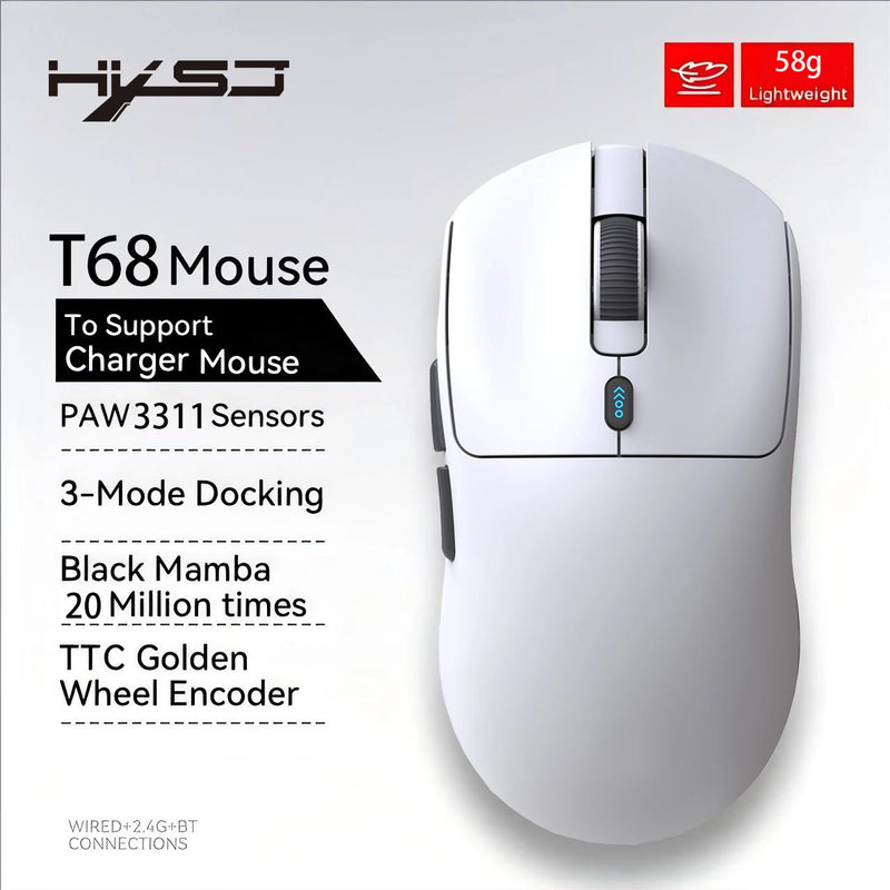 Mouse sem fio para jogos T68 de três modos, 55g, leve, TTC Switch 3311IC, 12000 dpi, ajustável, 1000 Hz, programável com 7 teclas