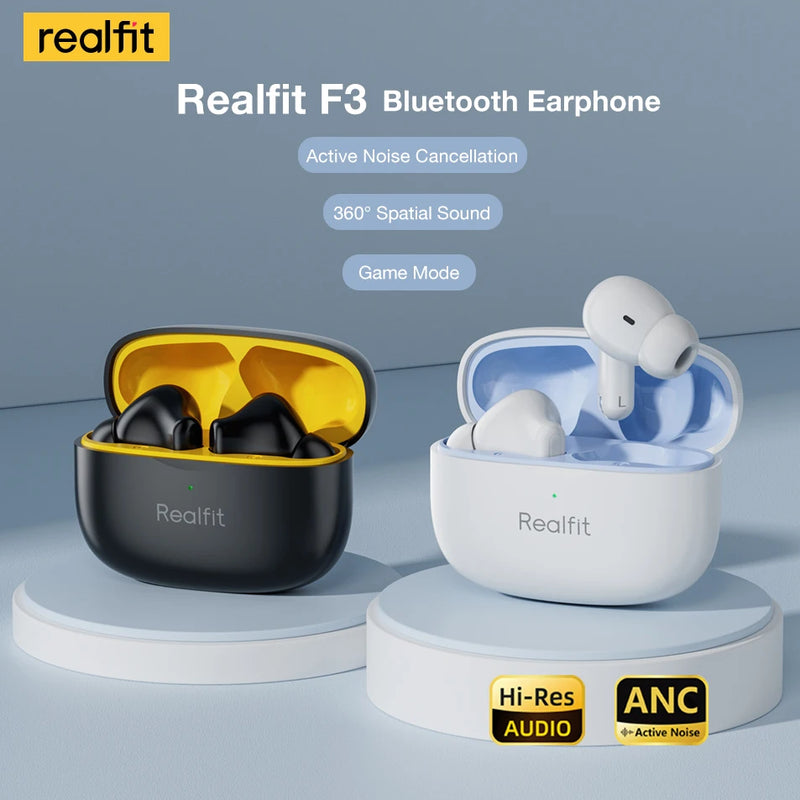 Realfit F3 ANC Cancelamento de Ruído Ativo Fones de Ouvido Bluetooth ENC Call HIFI Estéreo Superb Bass Fones de Ouvido Sem Fio Esporte Jogos