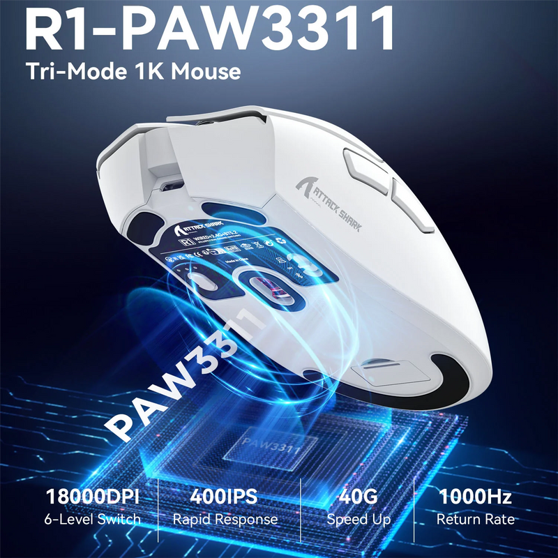 Mouse Bluetooth Attack Shark R1 1000Hz, 18000dpi, PAW3311, conexão Tri-mode, mouse para jogos Macro